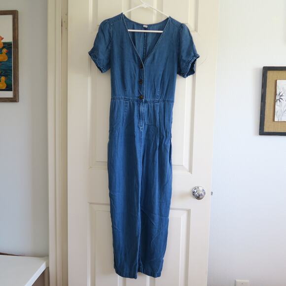 Old Navy Blue Jumpsuit Chambray Button Front Short Sleeve Size Small - Picture 1 of 14